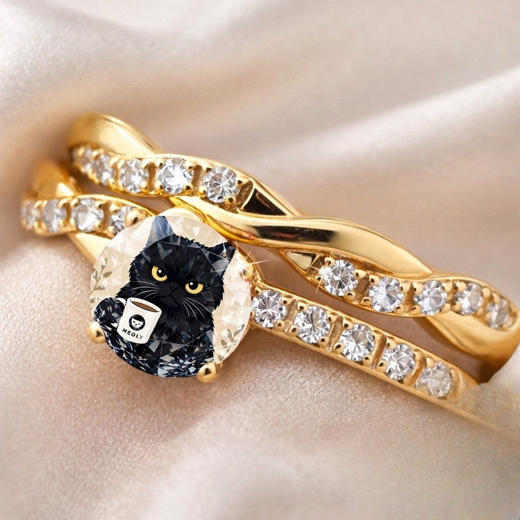 Black Cat Coffee Cup Crystal Ring