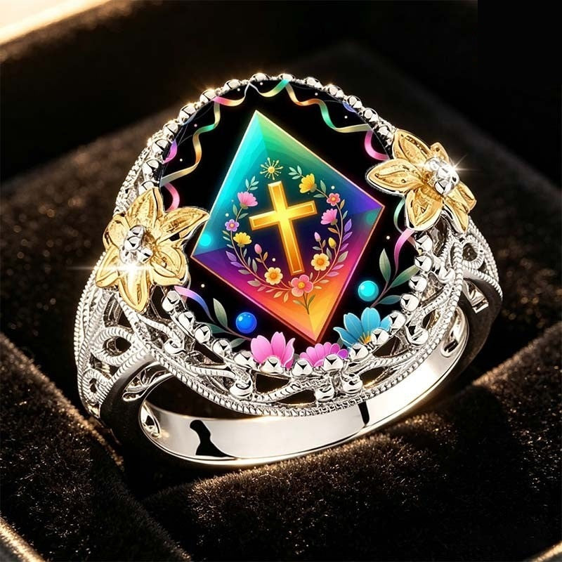 Rainbow Cross Floral Ring