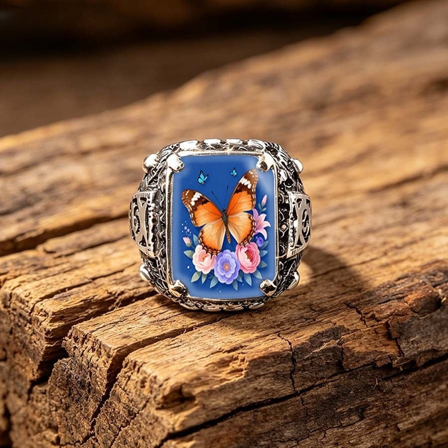Blue Butterfly Filigree Square Ring