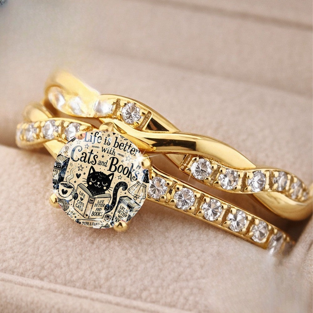 Twisted Crystal Cat & Books Ring