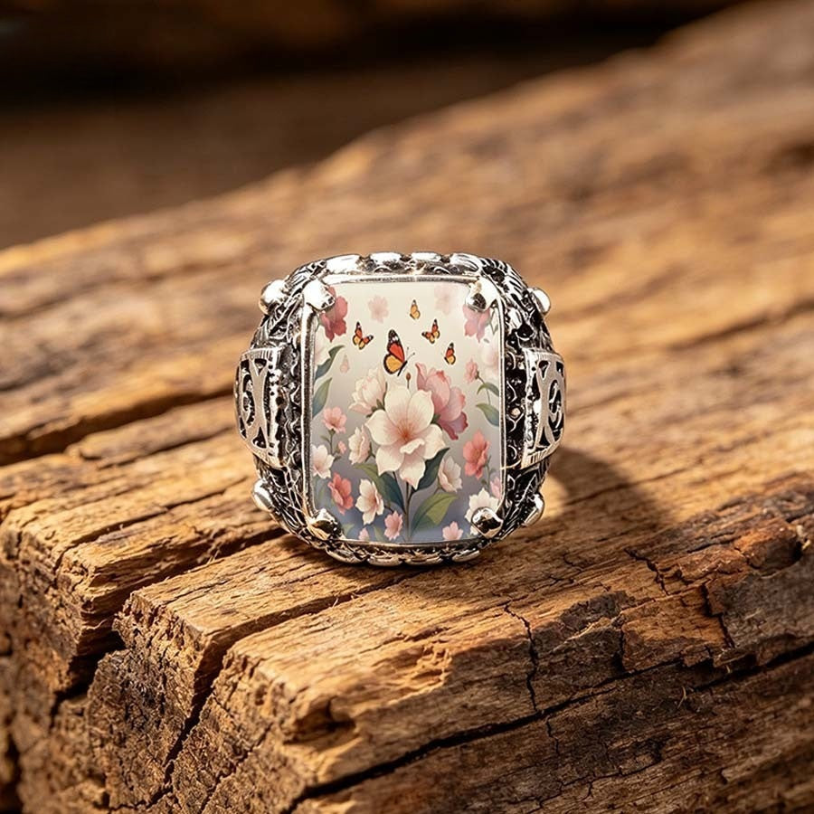 Floral Butterfly Filigree Square Ring