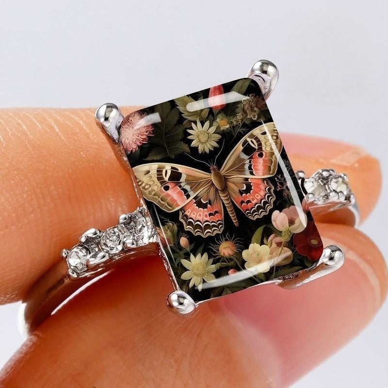 Rectangular Butterfly & Floral Ring