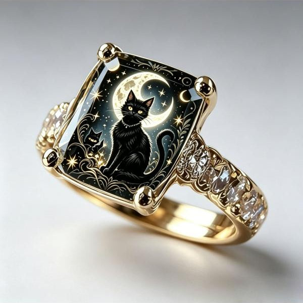 Moonlit Black Cat Square Ring