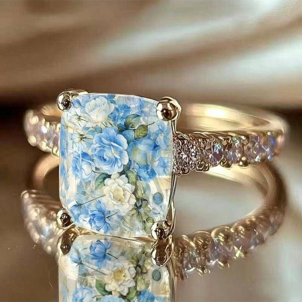 Blue White Rose Square Ring