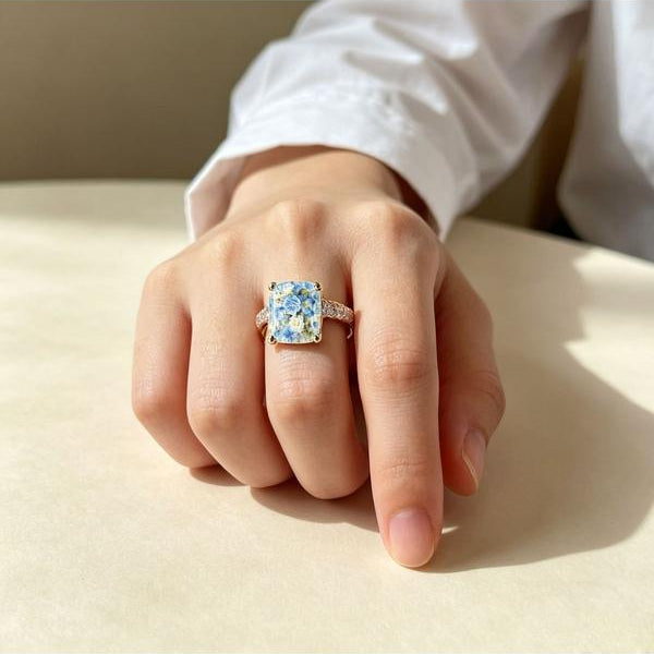 Blue White Rose Square Ring