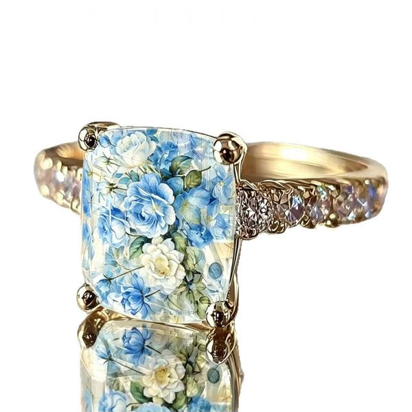 Blue White Rose Square Ring