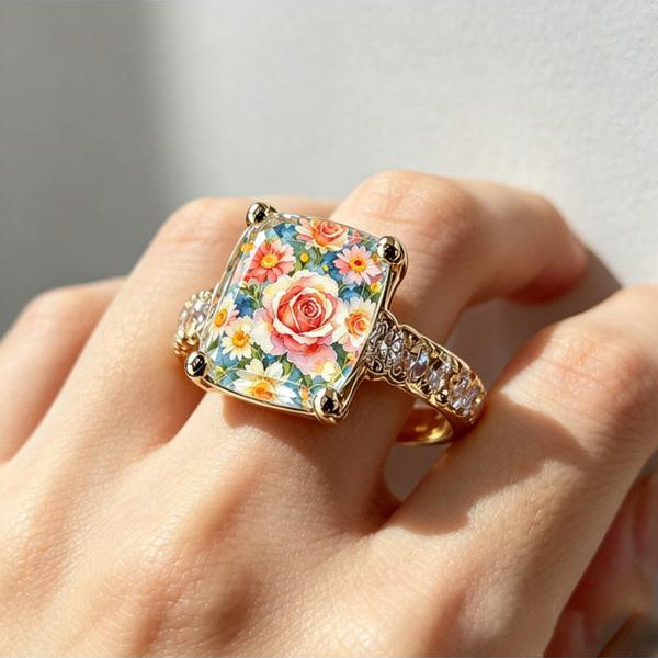 Vintage Art Rose Square Ring