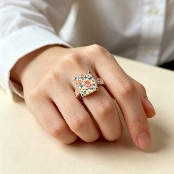 Vintage Art Rose Square Ring