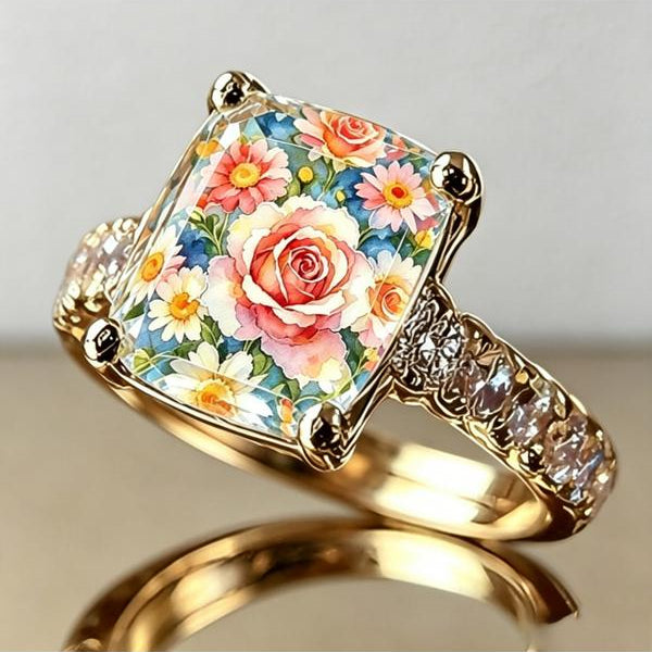 Vintage Art Rose Square Ring