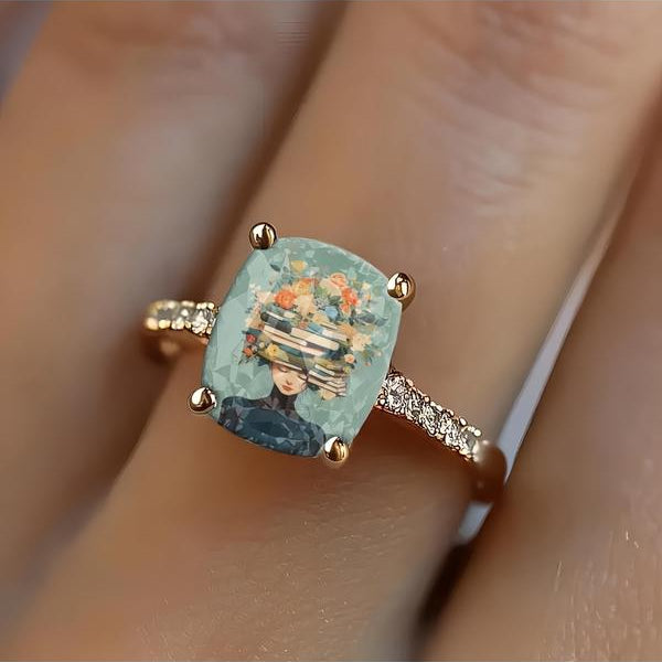 Flower Book Head Girl Square Ring
