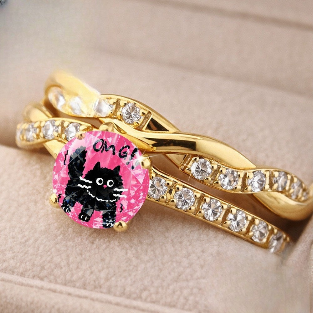 Pink Crystal Black Cat Twisted Ring
