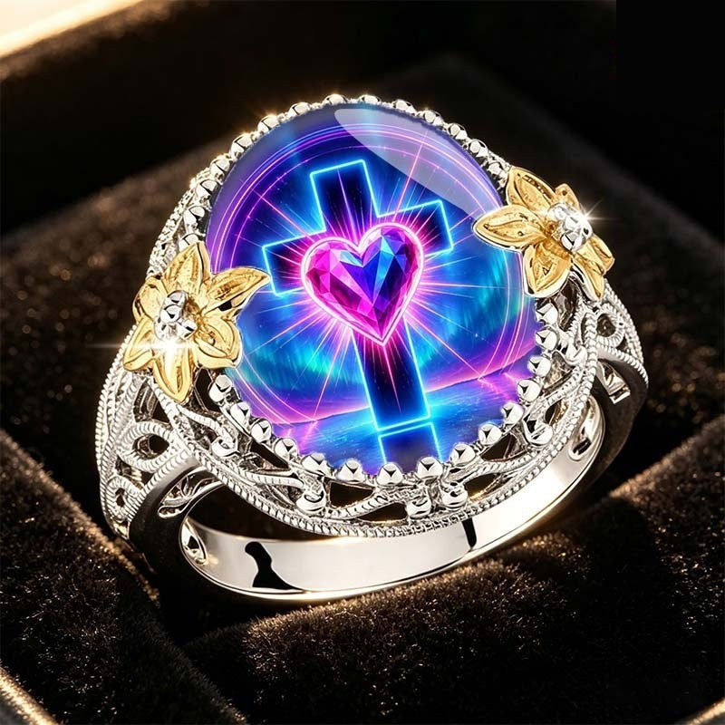 Neon Cross Heart Floral Ring