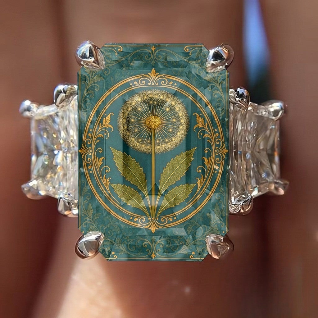 Teal Dandelion Crystal Square Ring