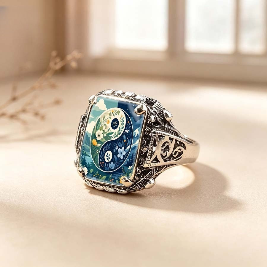 Floral Yin Yang Square Ring