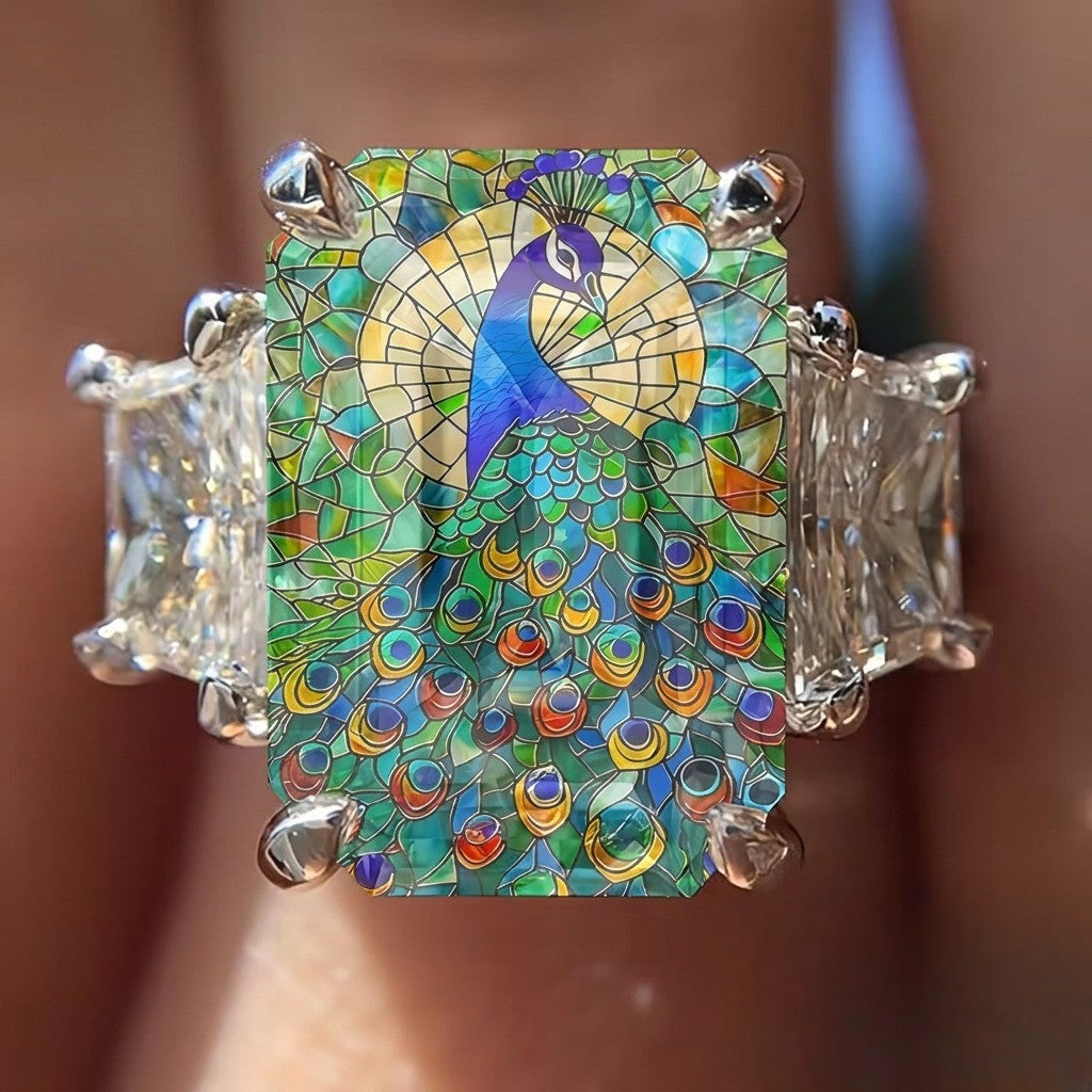 Square Peacock Stained Glass Ring