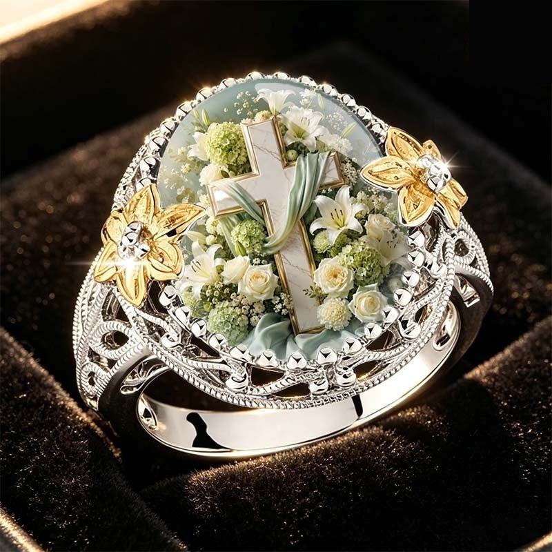 White K Floral Cross Ring