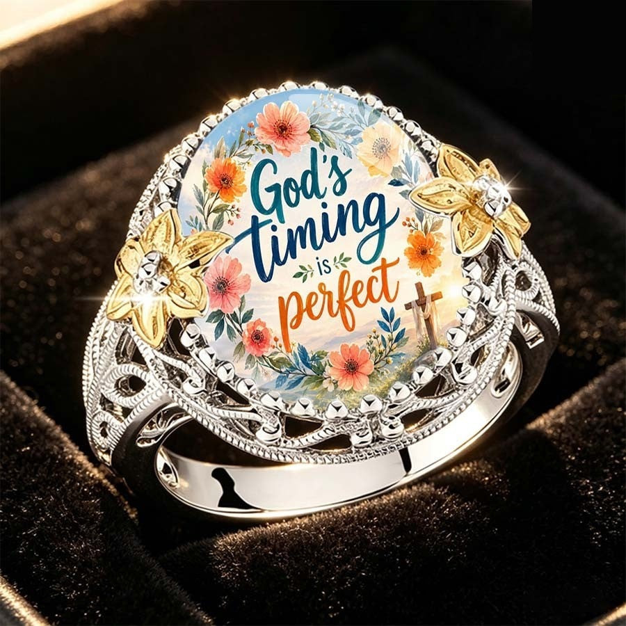 God's Timing Floral Statement Ring