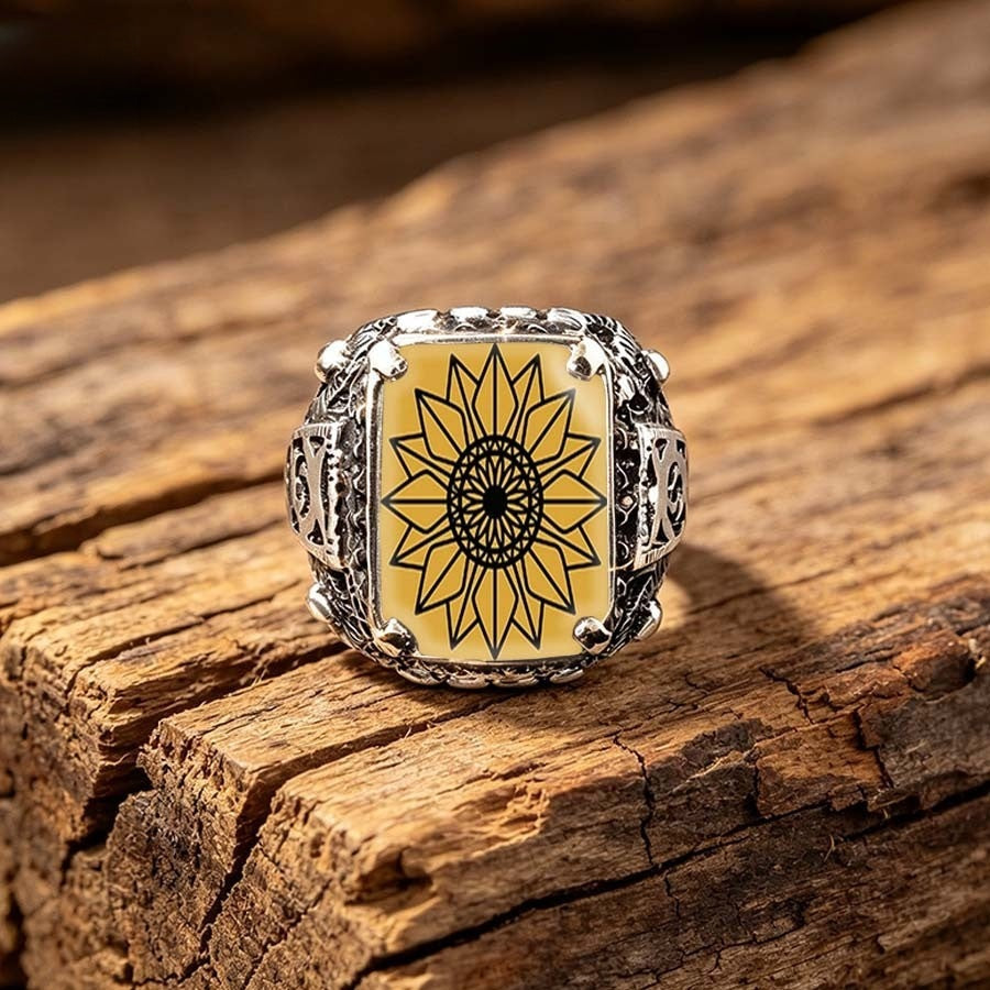 Yellow Sunflower Mandala Square Ring