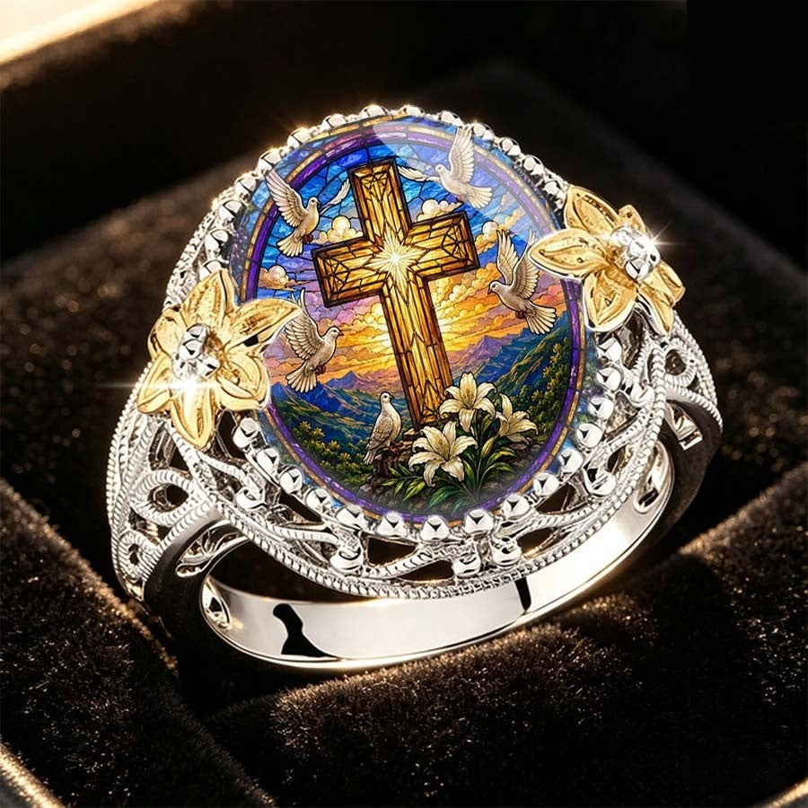 Stained Glass Cross & Dove Ring