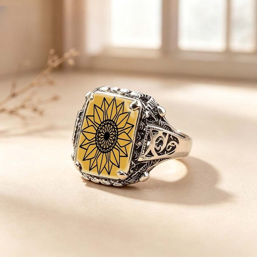 Yellow Sunflower Mandala Square Ring