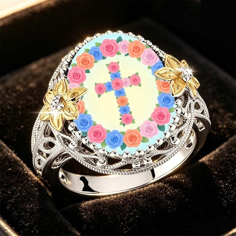 Multicolor Floral Cross Statement Ring