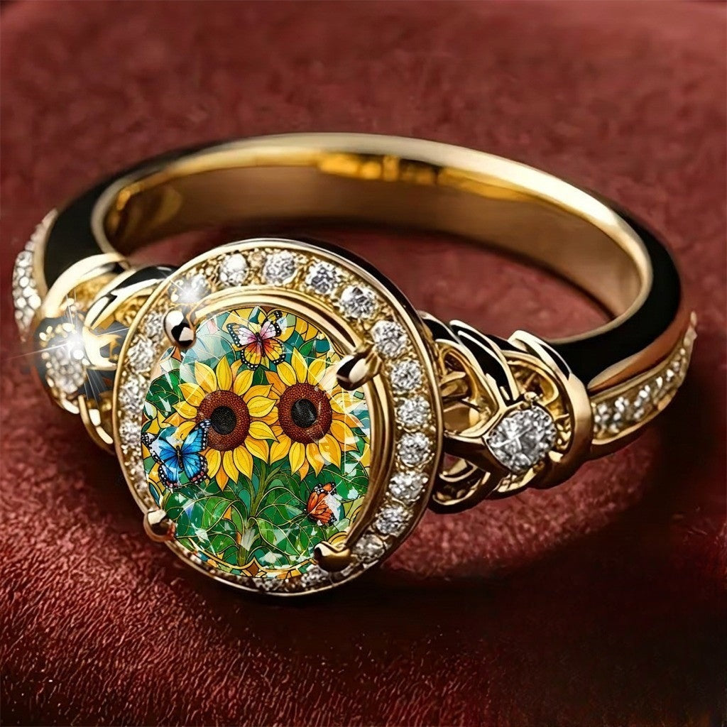 Sunflower Butterfly Glass Ring