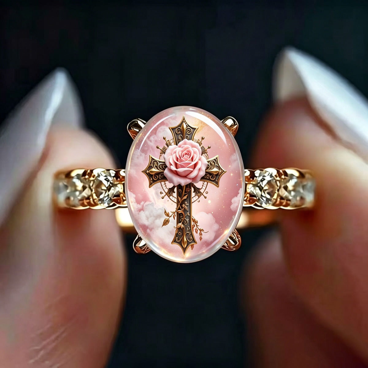 Pink Mist Cross Oval Ring