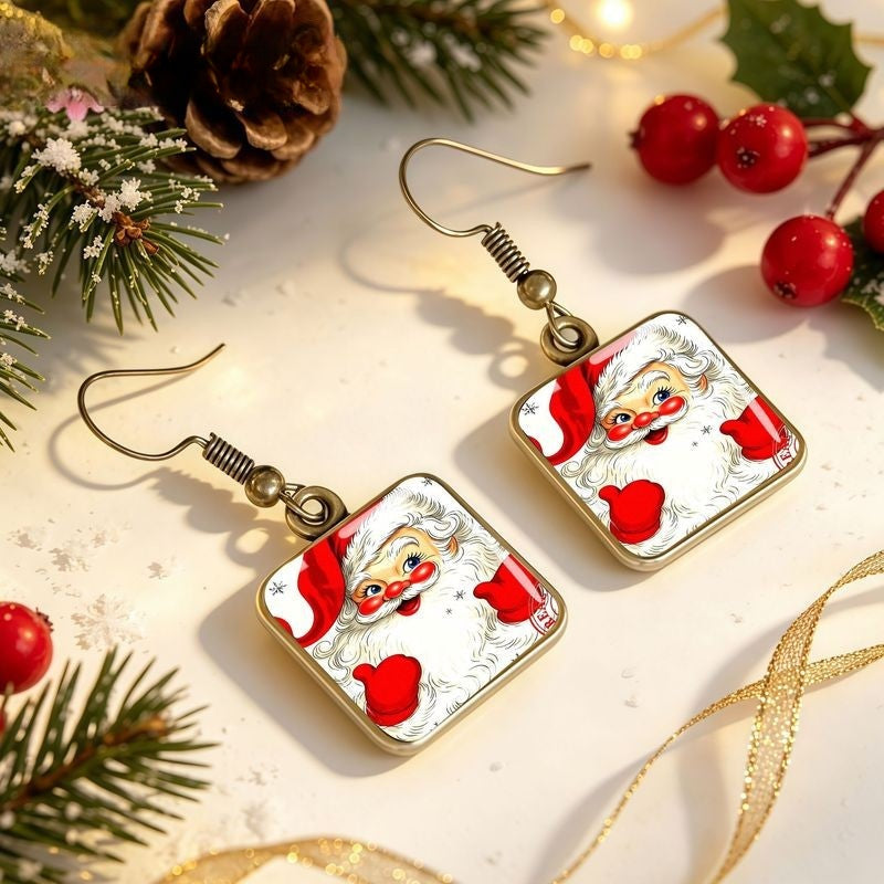 Santa Claus Glass Square Drop Earrings