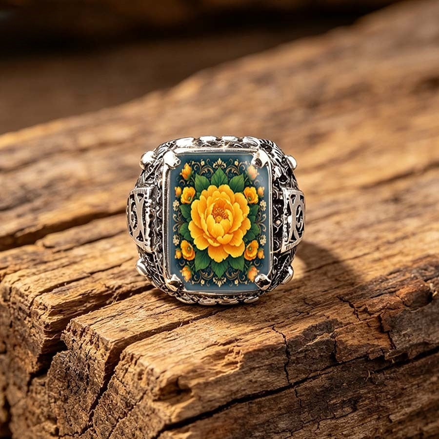 Yellow Floral Square Ring