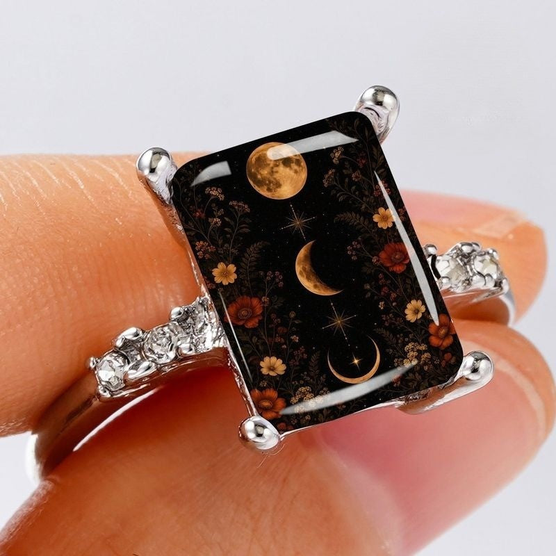 Moon Phase Floral Rectangular Ring