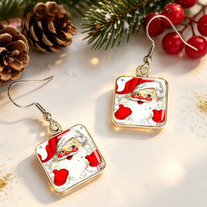 Santa Claus Glass Square Drop Earrings