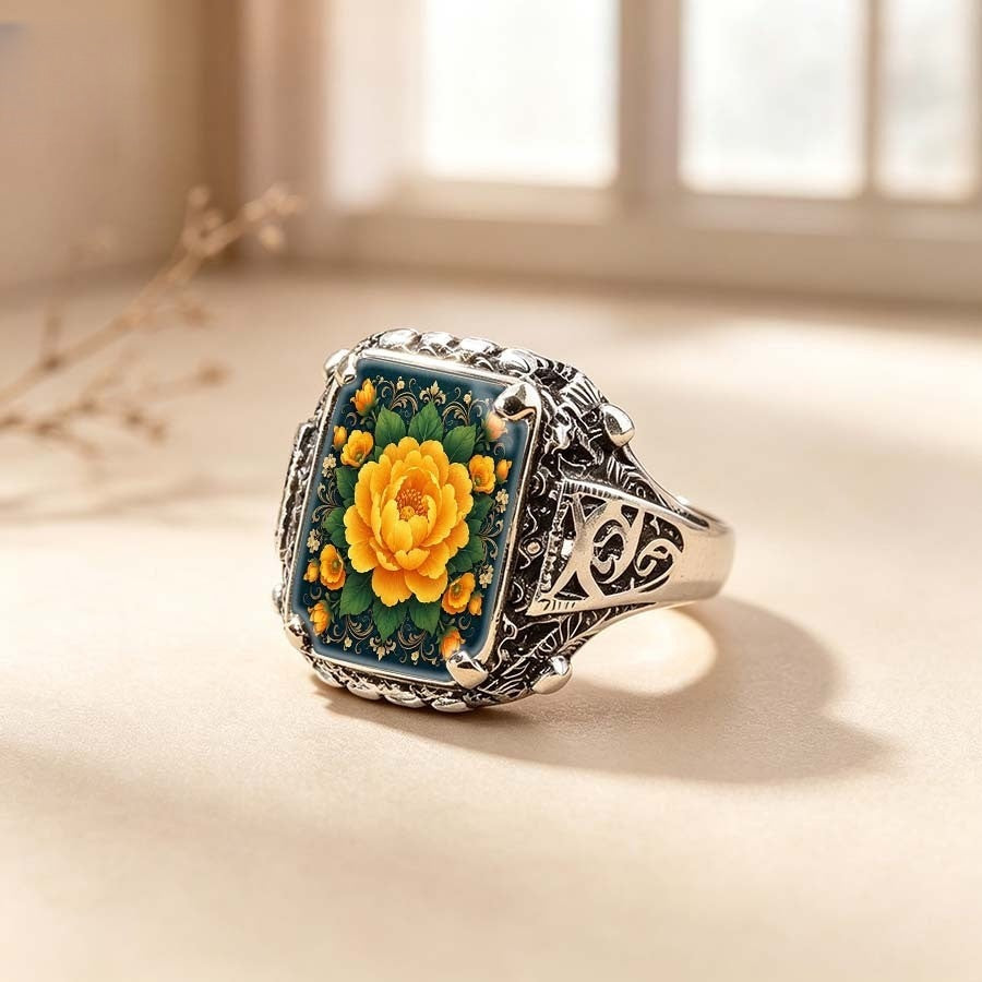 Yellow Floral Square Ring