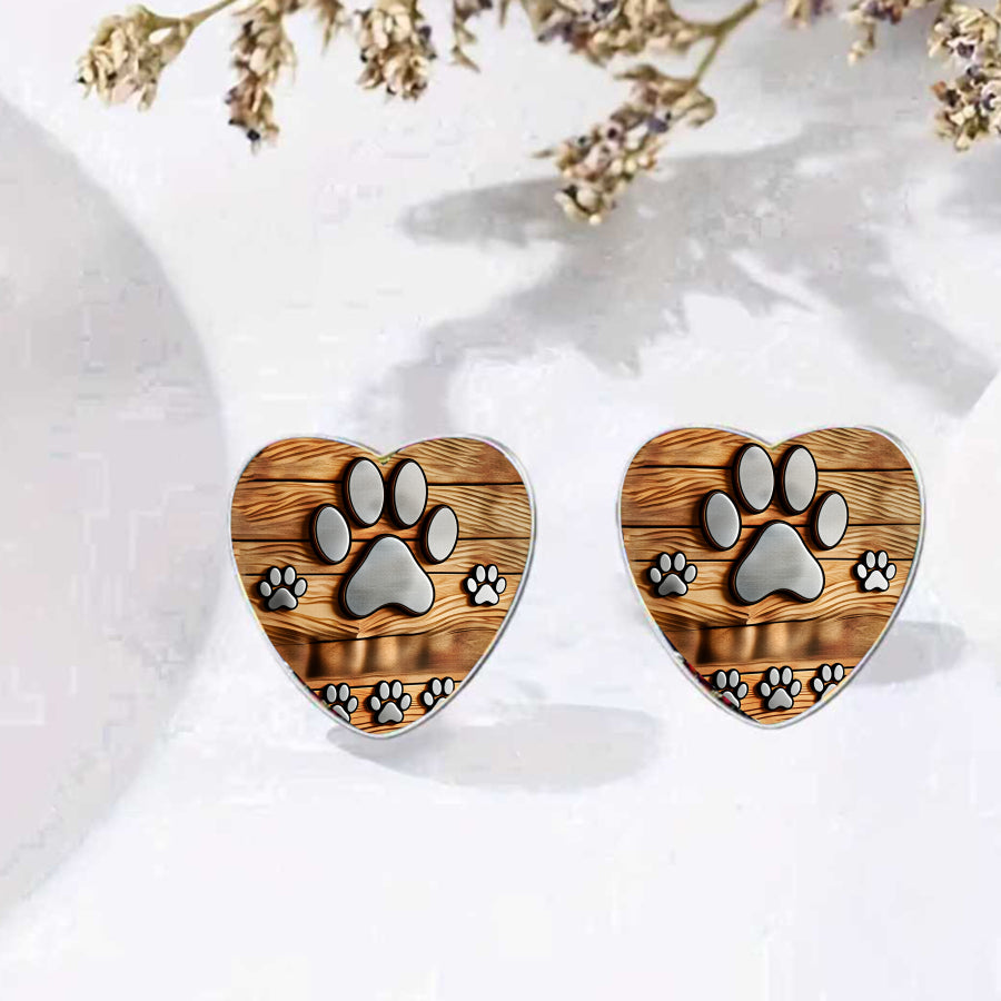 Heart Paw Print Stud Earrings