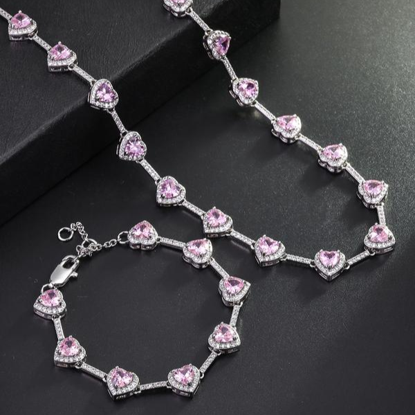 Pink Heart Shaped Necklace and Bracelet Set