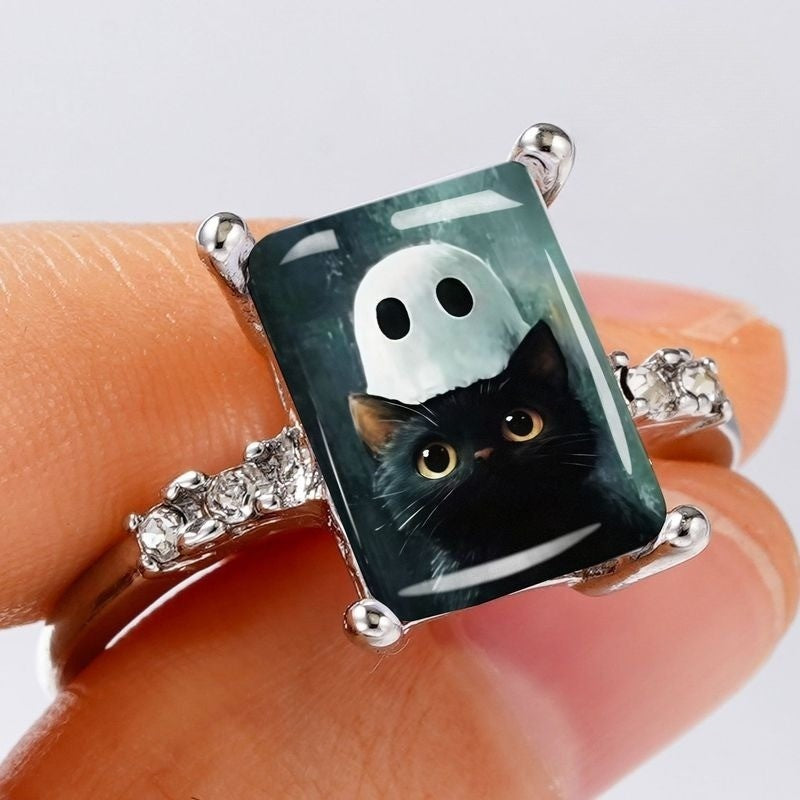Ghost Cat Glass Inlay Ring