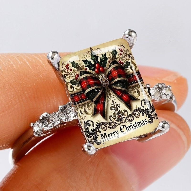 Christmas Plaid Bow Square Ring