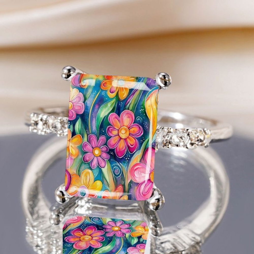 Wavy Colorful Floral Square Ring
