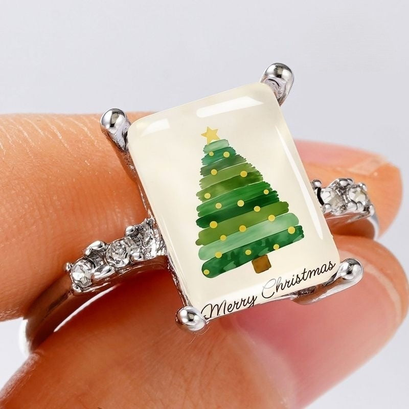 Silver Christmas Tree Rectangle Ring