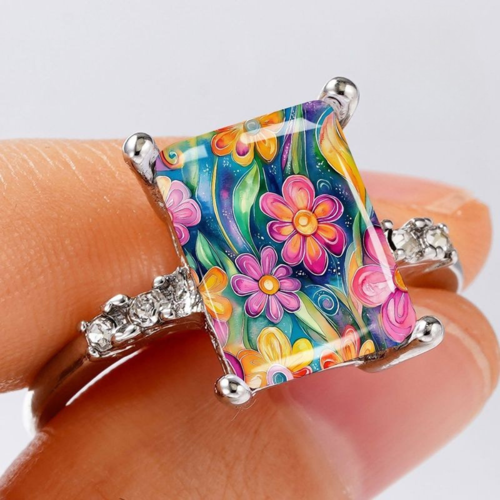 Wavy Colorful Floral Square Ring