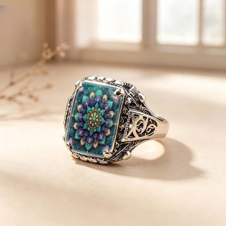 Teal Mandala Square Ring