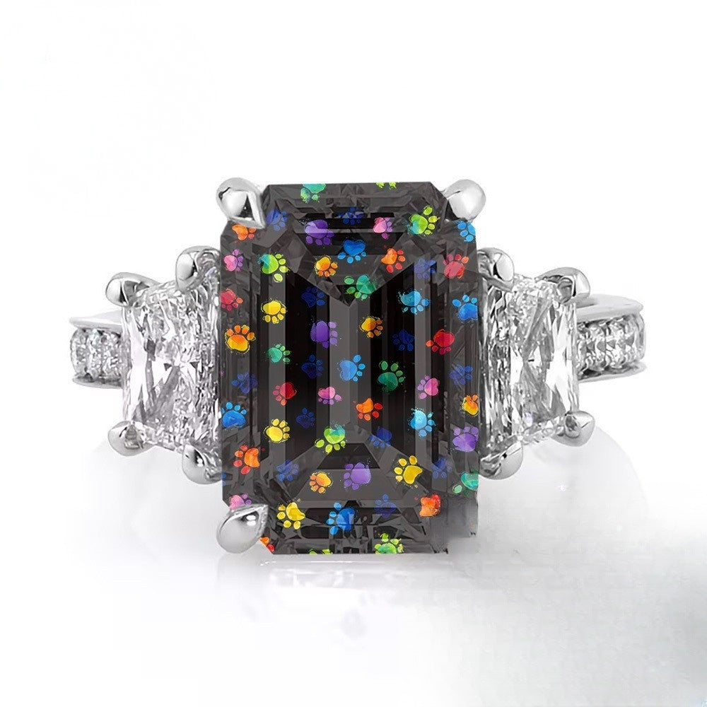 Colorful Paw Print Emerald Cut Ring