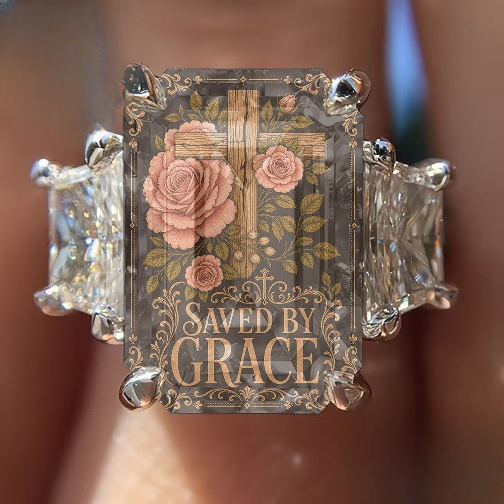 Saved By Grace Floral Cross Ring