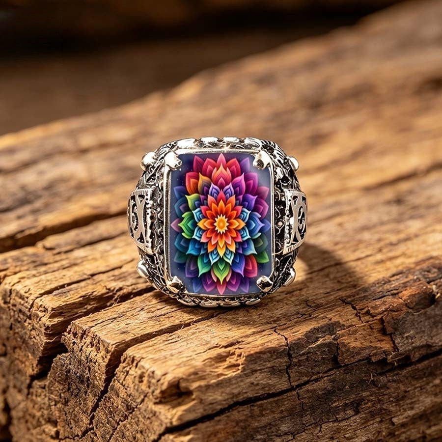 Colorful Geometric Flower Square Ring