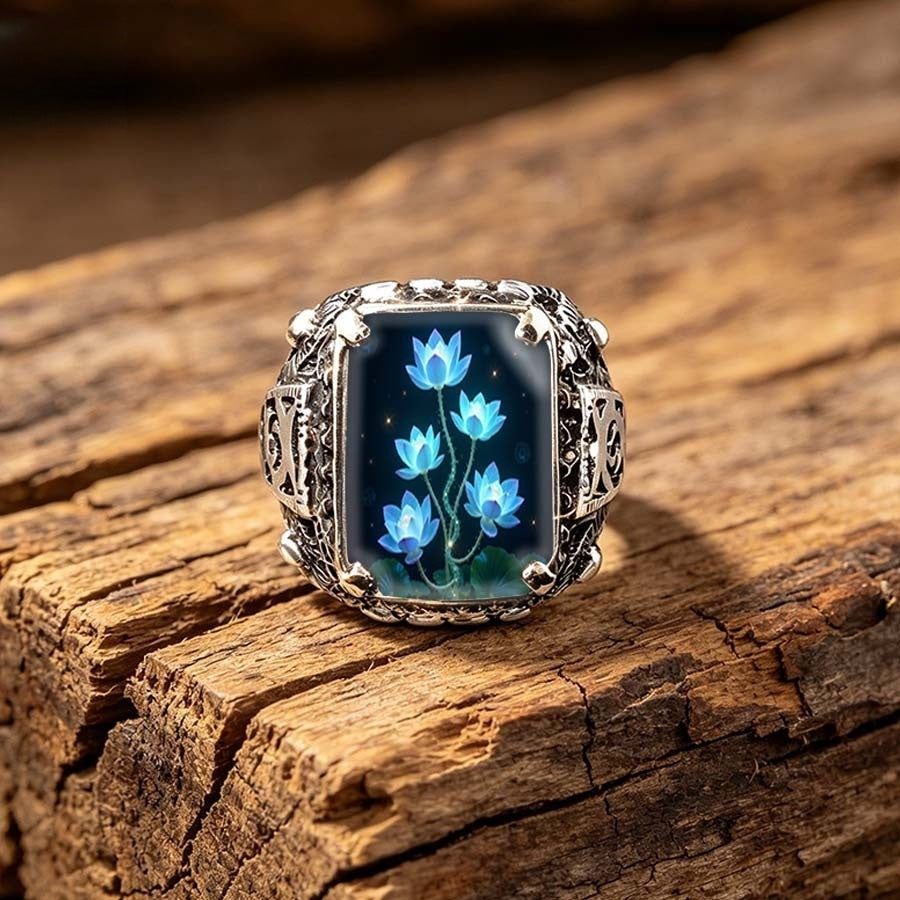 Vintage Blue Lotus Square Ring