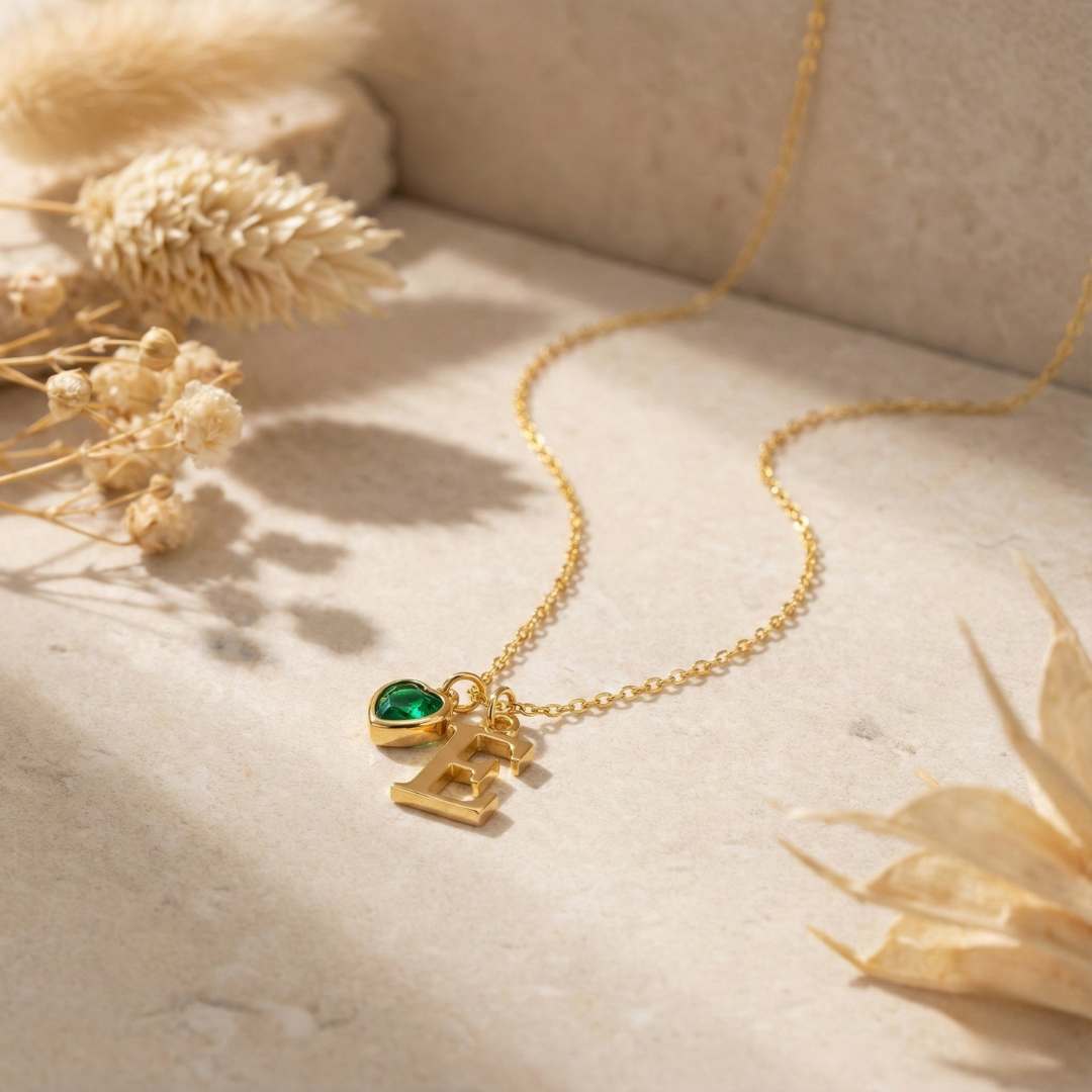 Dainty Initial Heart Birthstone Necklace
