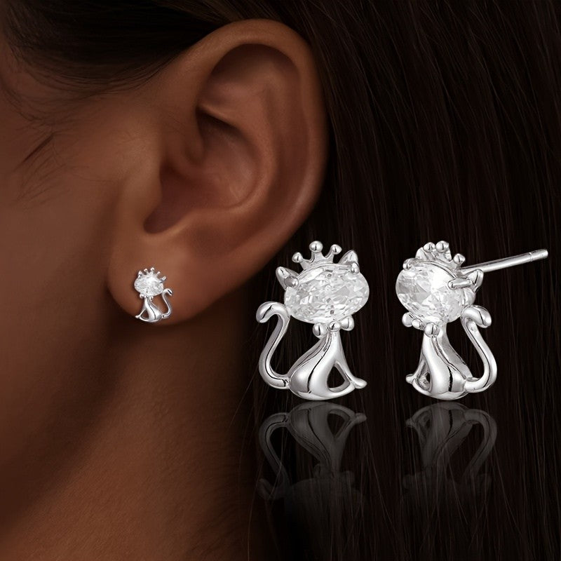 Crystal Crown Cat Stud Earrings