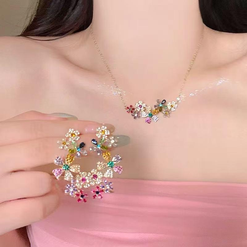 Colorful Crystal Flower Necklace & Earrings
