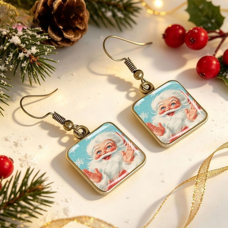 Vintage Santa Square Dangle Earrings