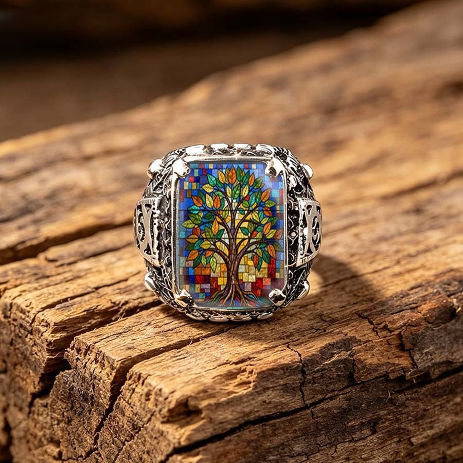 Stained Glass Tree Square Ring