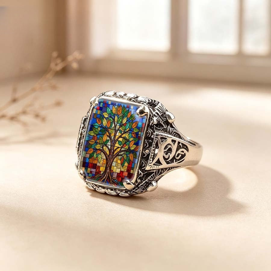 Stained Glass Tree Square Ring